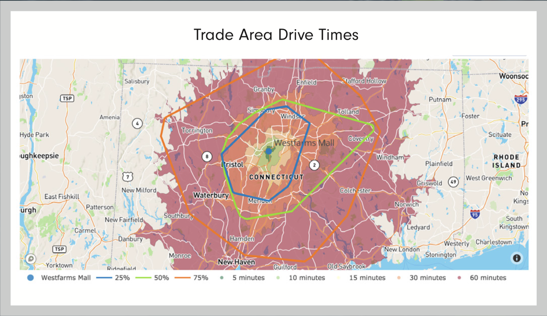 Orbital Insight provides a true trade area with customer drive times, showing how long it takes for property visitors to reac