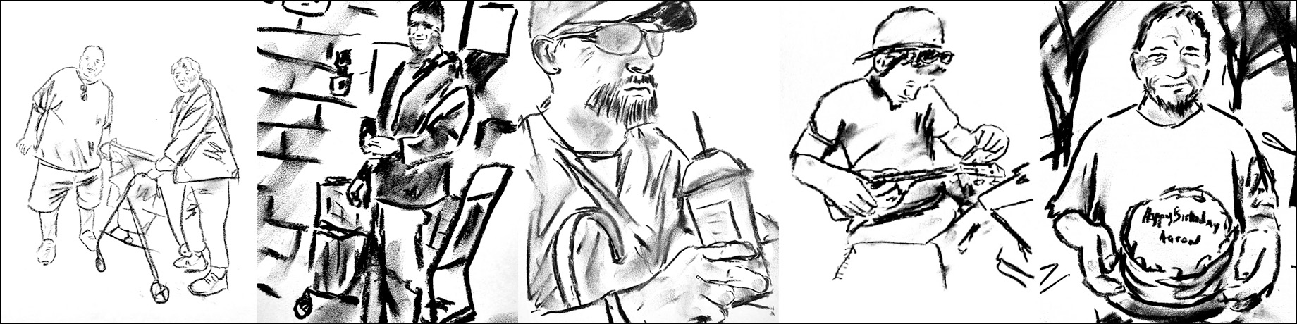 A sampling of Dena Creaser’s sketches of people at Fort Collins Marketplace, where she works as a security guard, from left t