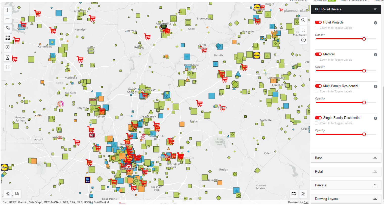 Planned retail projects in the Atlanta area with BCI data on planned residential, hotel and medical to indicate coming demand