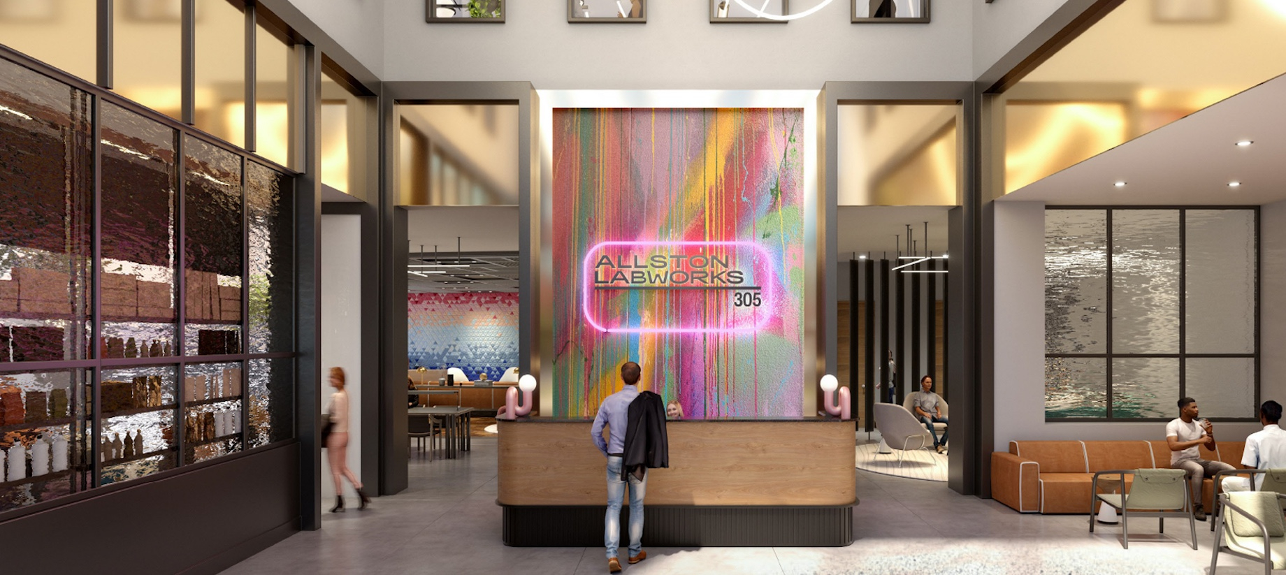 The lobby at Allston Labworks, which will open in Boston this year with 20,000 square feet of ground-level retail.