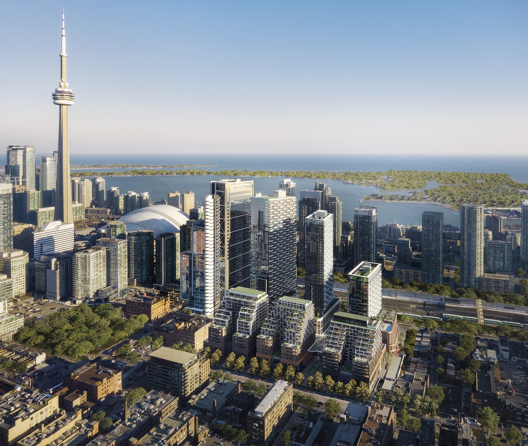 The Well, portrayed looking southeast, sits only blocks from downtown Toronto landmarks like CN Tower and Rogers Centre, home