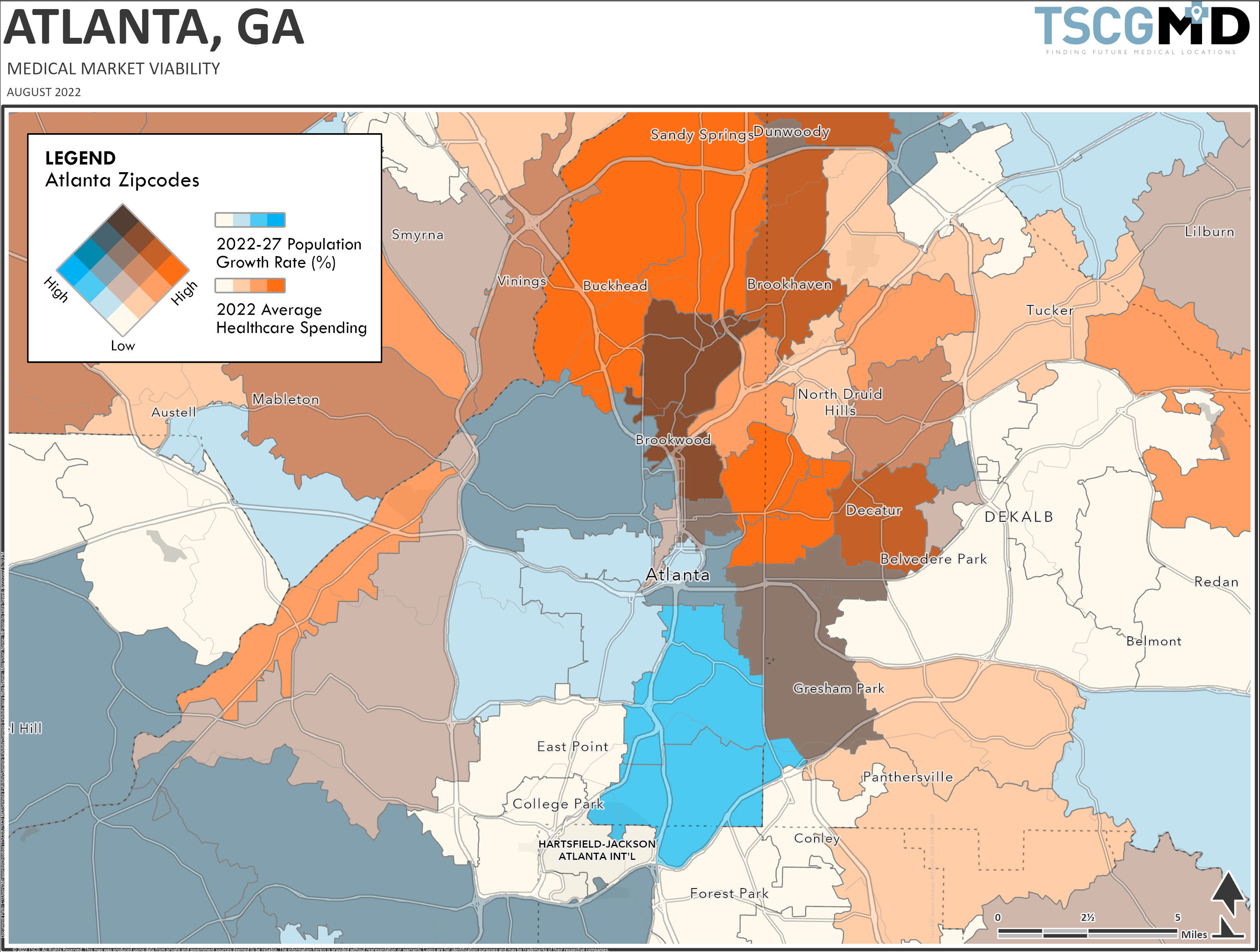 This TSCG MD Medical Market Viability map shows where in Atlanta healthcare spending is high now, where the population will g