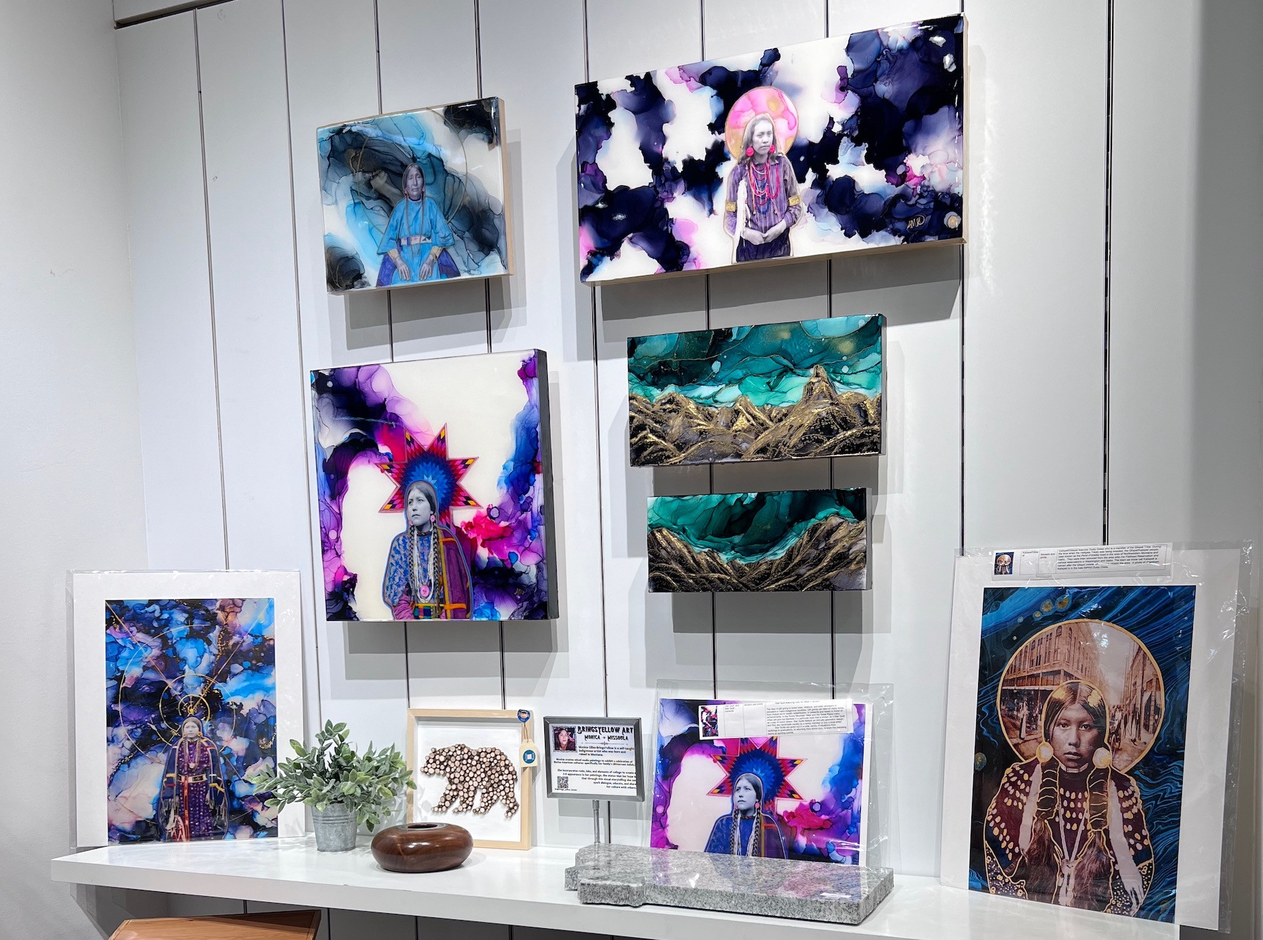 Monica Gilles-BringsYellow, who grew up on the Flathead Indian Reservation within Montana, frequently incorporates photos of 