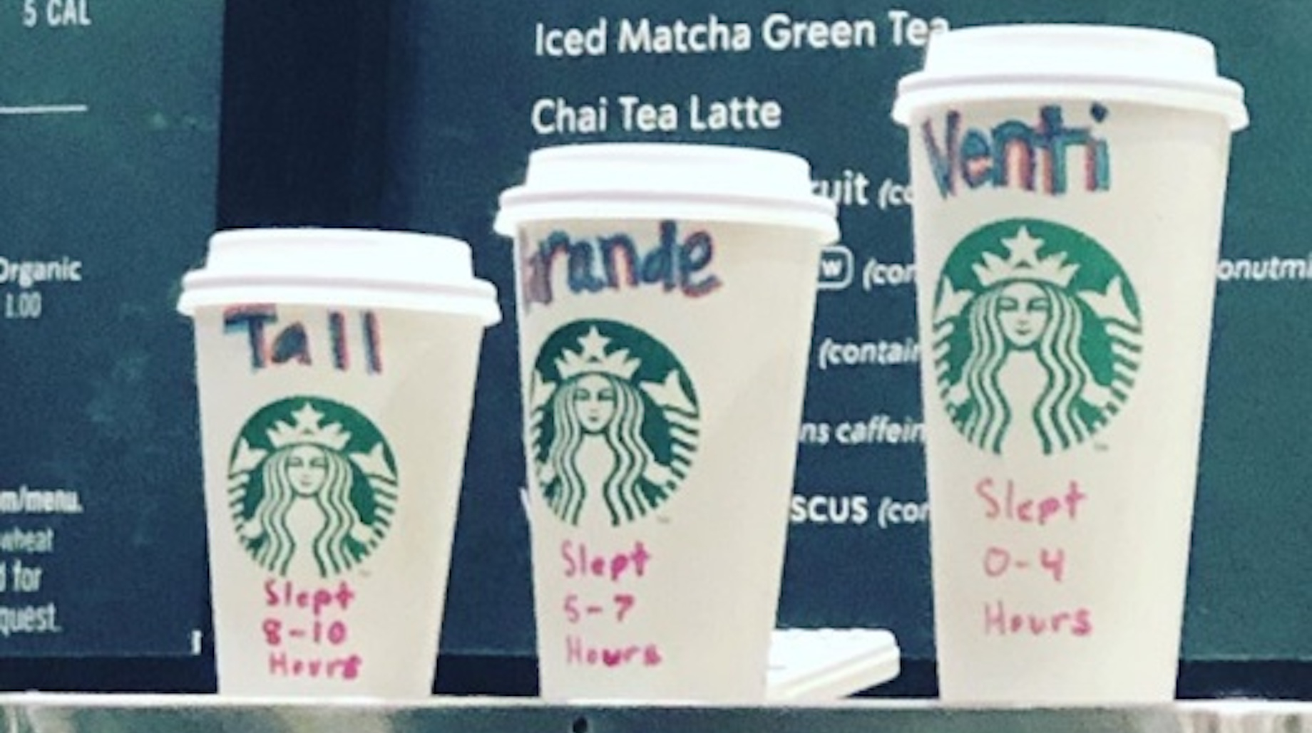 A Starbucks at the Las Vegas Convention Center suggests customers choose their coffee sizes based on how much sleep they got.