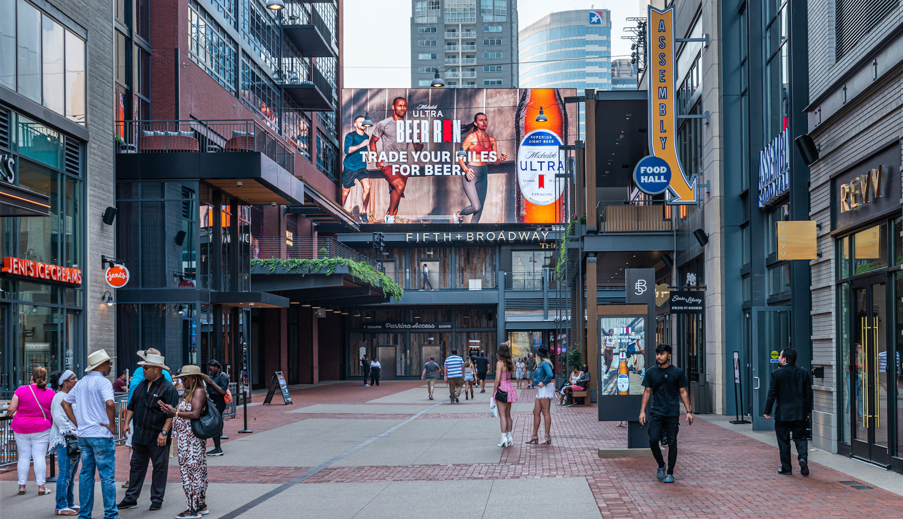 The retail component of Fifth + Broadway is home to Assembly Food Hall, an Apple store, The Twelve Thirty Club and Eddie V’s 