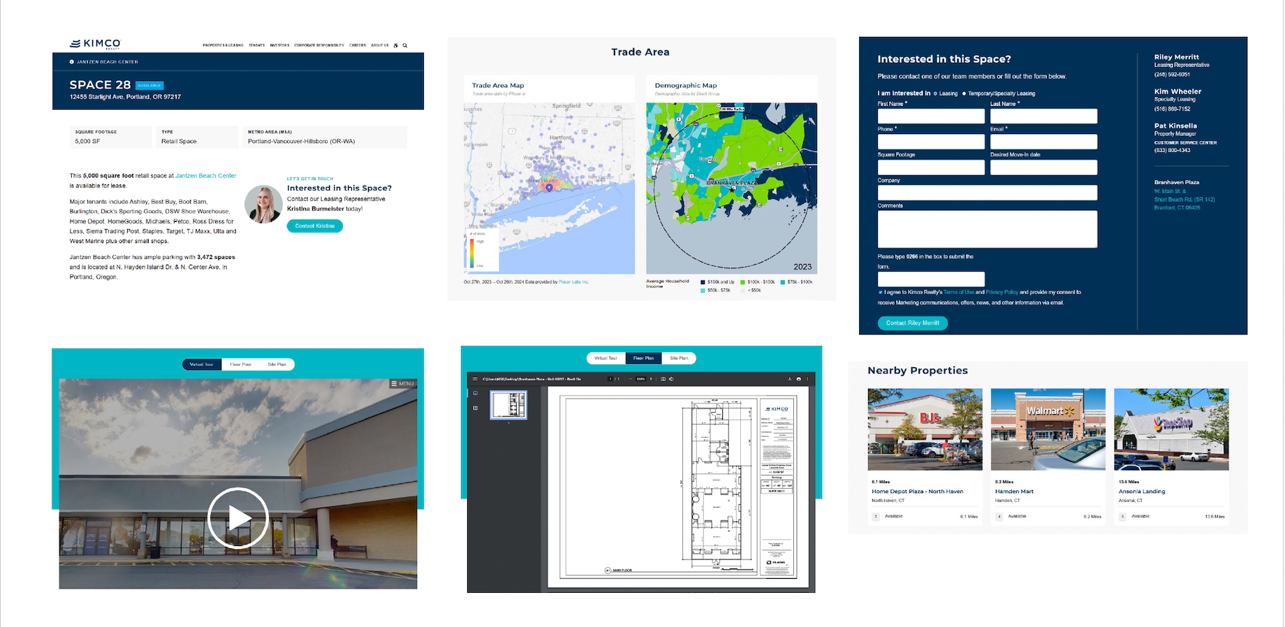 Examples of Kimco Realty’s new vacancy-detail pages on its website, providing real-time information for the available spaces 