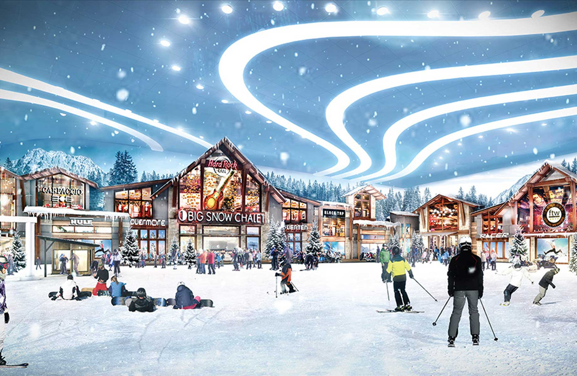 Entertainment features include an indoor ski slope
