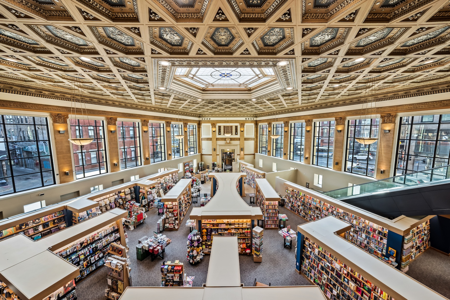 Ornate ceilings and interiors add to the experience at Barnes & Noble’s Wicker Park location. The multilevel store opened