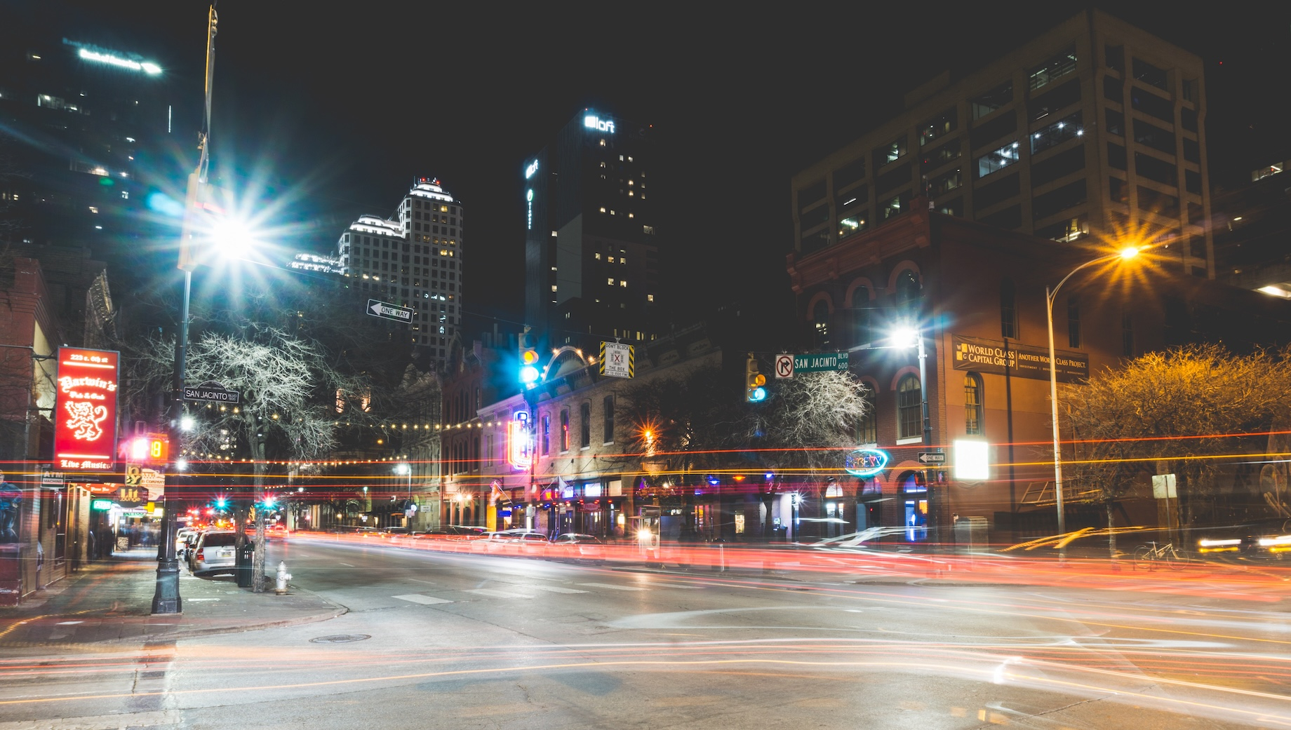 The intersection of Sixth Street and San Jacinto Boulevard in Austin, Texas