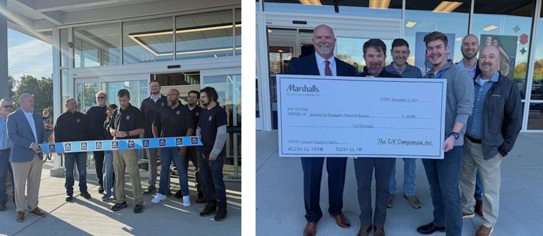 Cotton, at left in both photos, and other officials declare Aldi and Marshalls in Madisonville Town Center open for business 