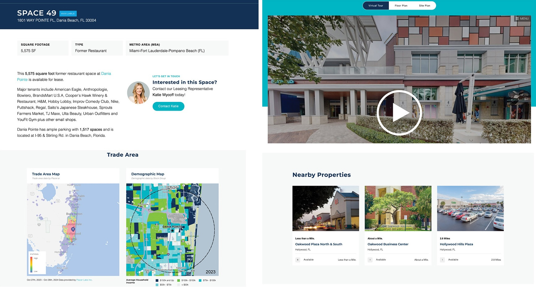 Kimco Realty’s vacancy webpages — including this one for a 5,547-square-foot former restaurant space at the REIT’s Dania Poin