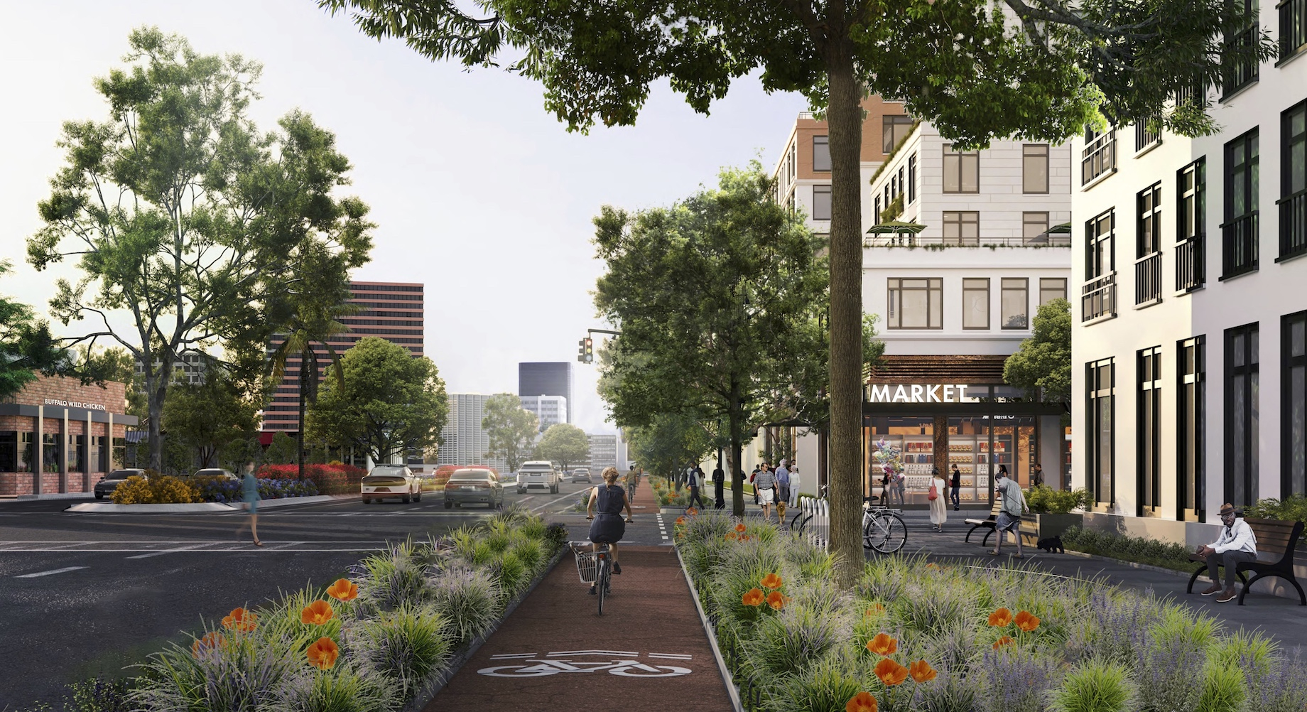 The 41 acres span two city blocks. Above is Related California’s imagining of landscaped medians and separated bike paths can