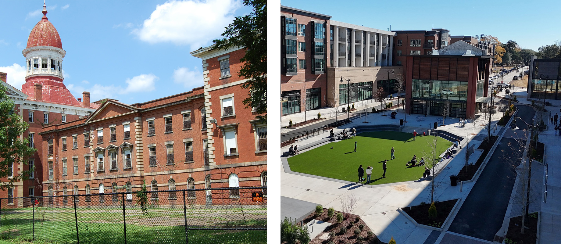At left, a South Carolina State Hospital building prior to redevelopment; at right, a portion of the completed BullStreet Dis