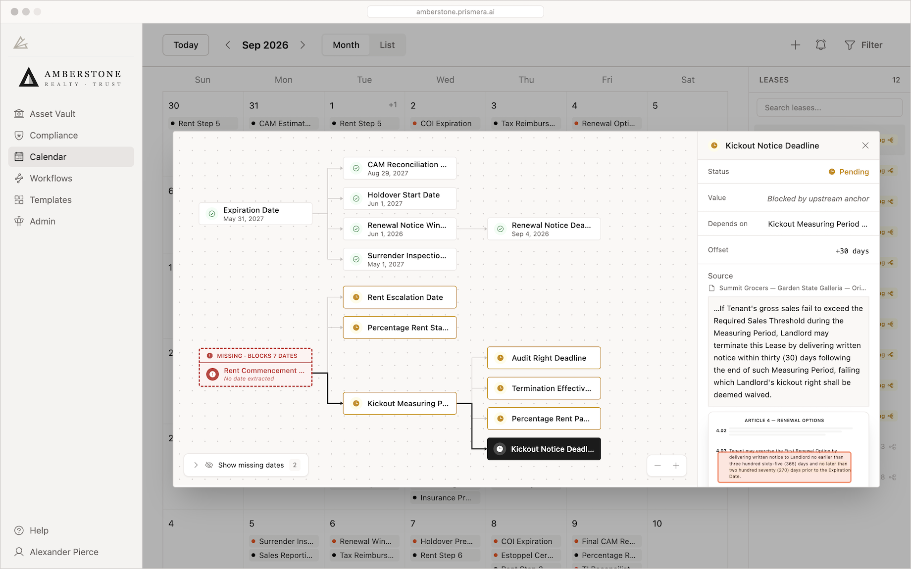 Instead of treating dates like isolated reminders, Prismera’s Calendar shows all important lease dates in one place. It also 