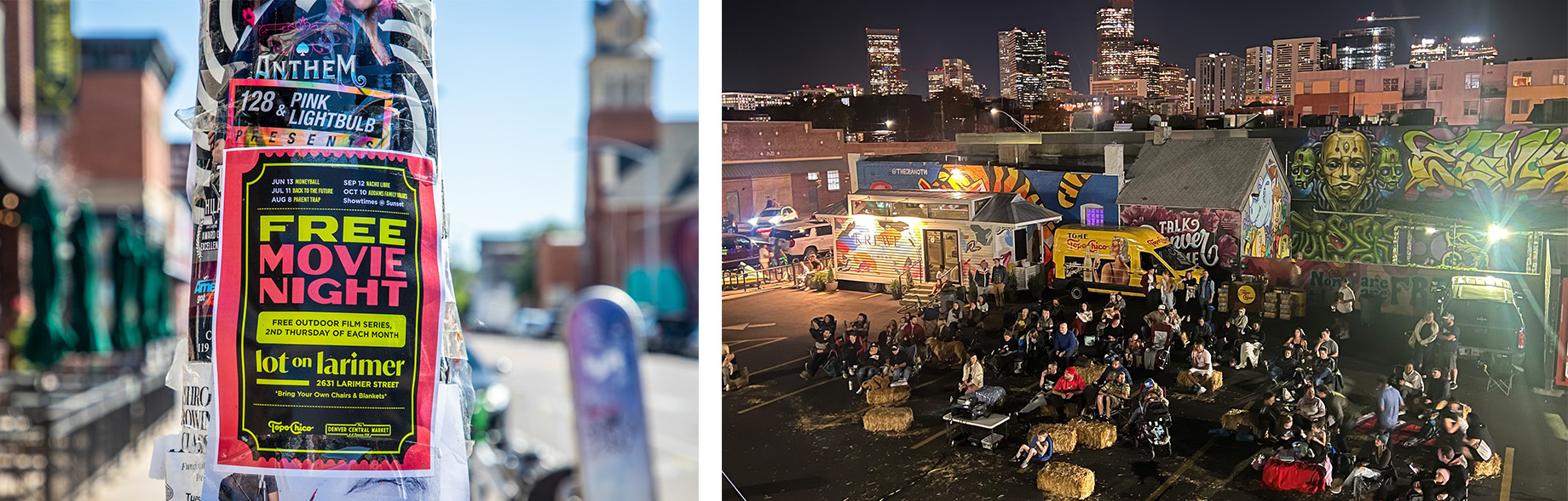 An outdoor movie night is among the community-building activities hosted at Edens’ 27th & Larimer retail hub in Denver’s 