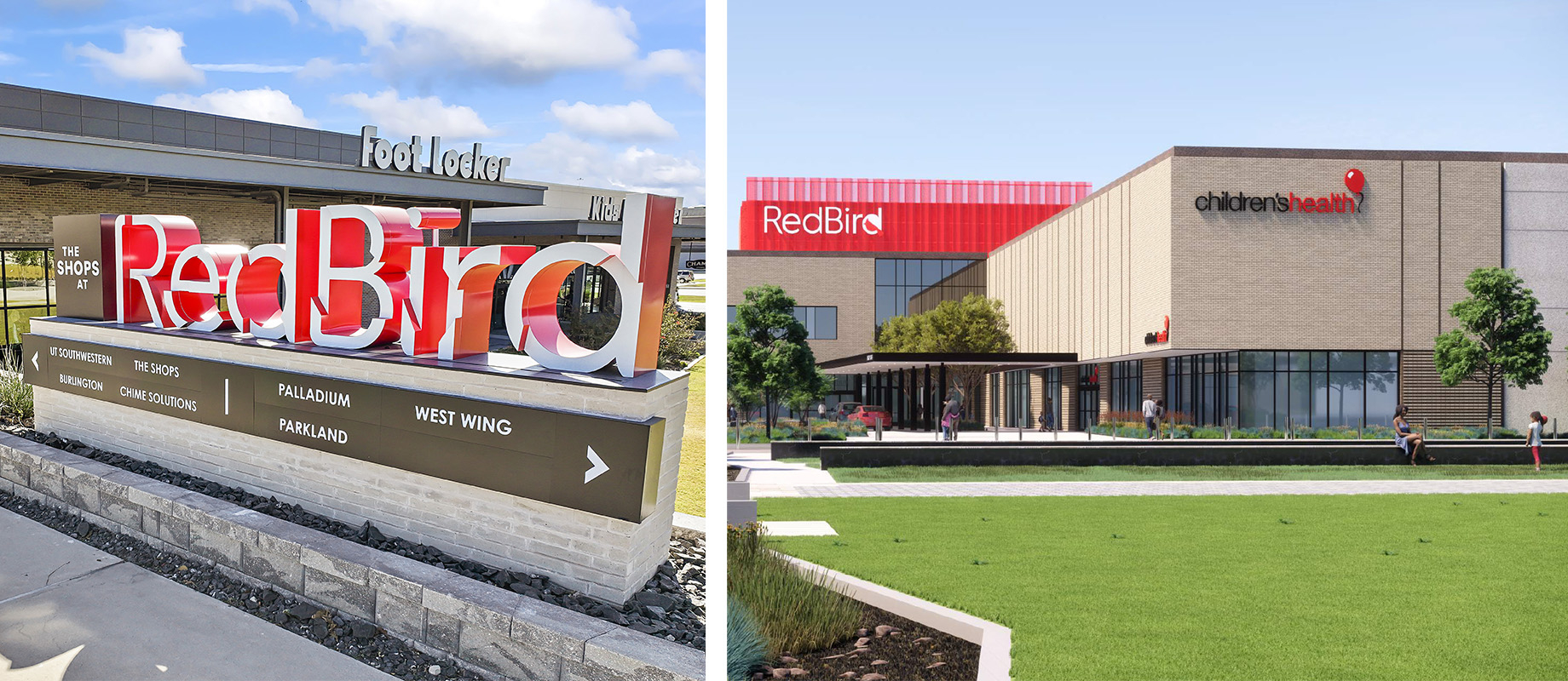 The redeveloped Shops at RedBird includes a 20,000-square-foot Foot Locker Power Store. A Children’s Health Specialty Center,