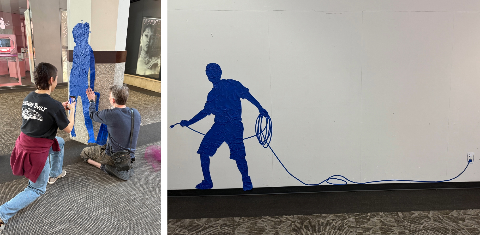 At left, Townsend creates tape art with artist Leah Smith for the 2025 activation. Some silhouettes depicted objects the arti