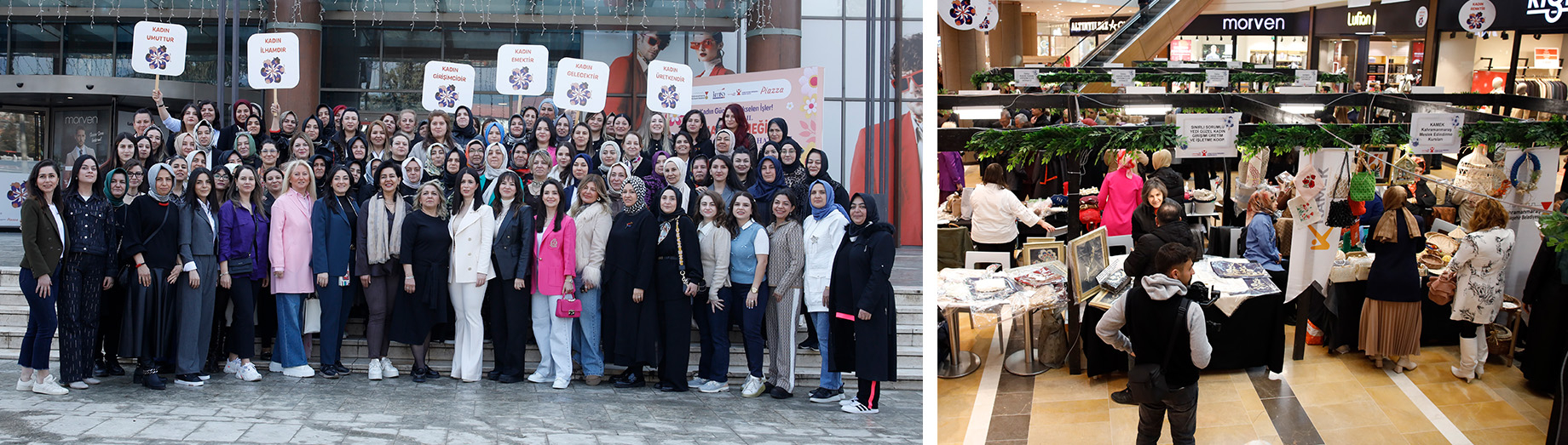 At left, participants in the 2025 Women’s Labor Shopping Festival gathered outside Kahramanmaraş Piazza. At right are entrepr