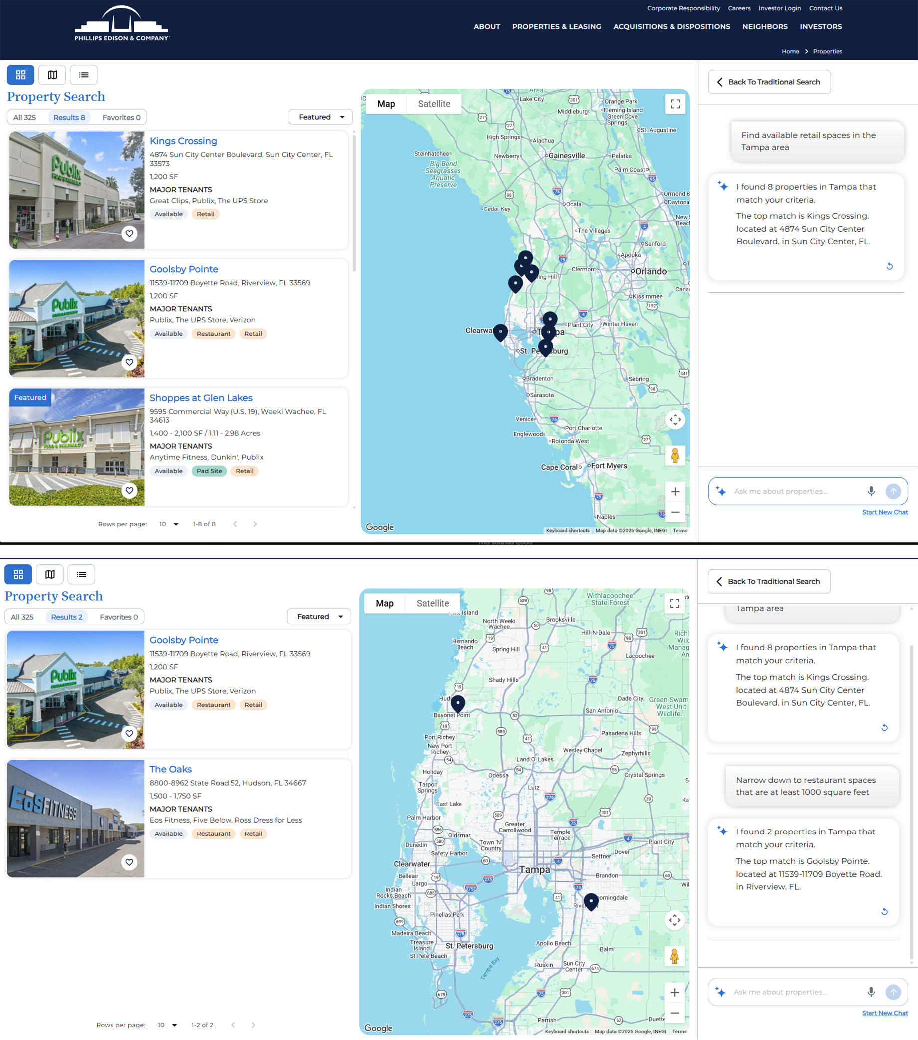 This example shows how Phillips Edison’s AI-powered search lets brokers refine property results through conversational prompt