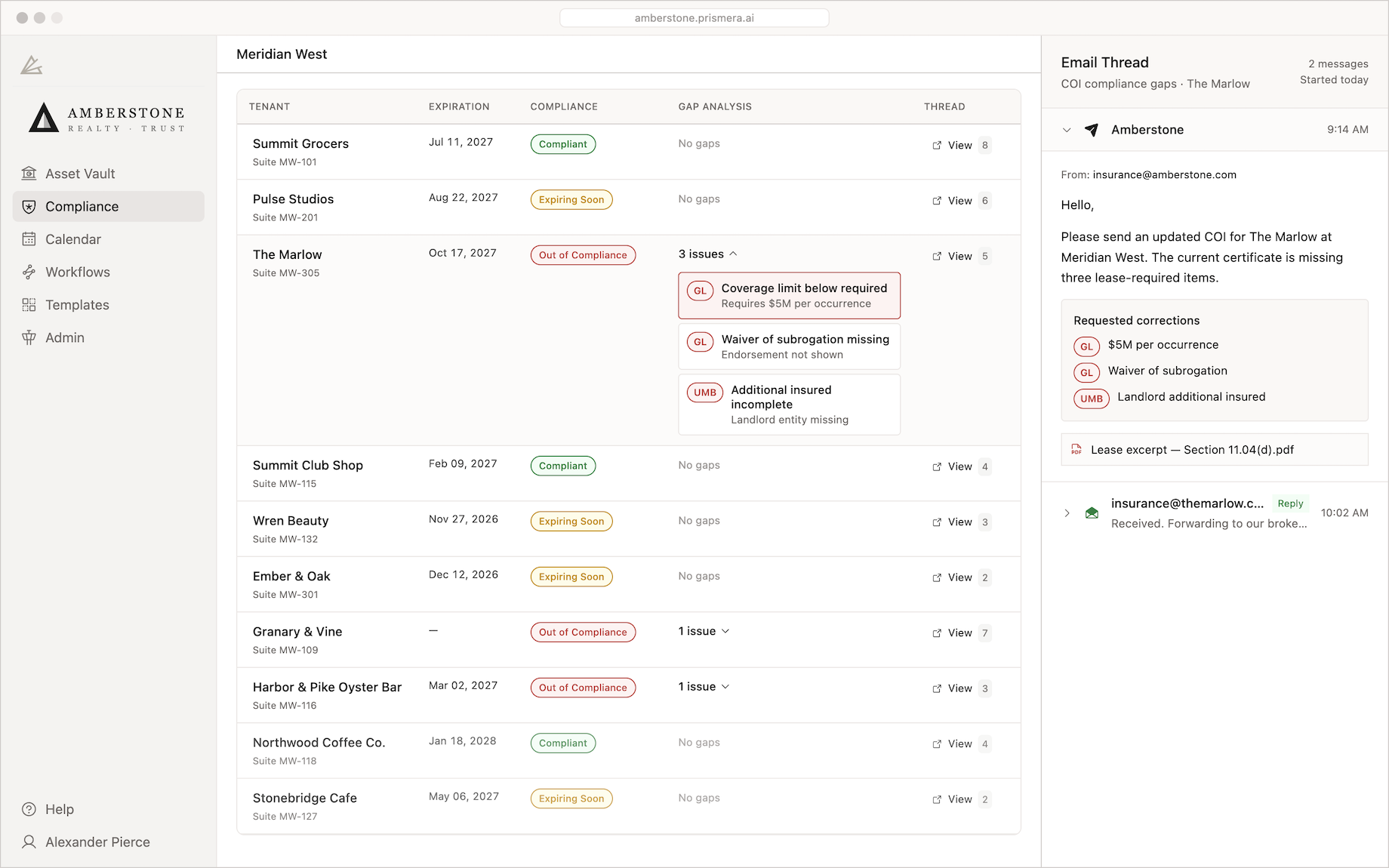 Prismera’s Compliance section keeps track of whether tenants are meeting key lease requirements, such as providing insurance 