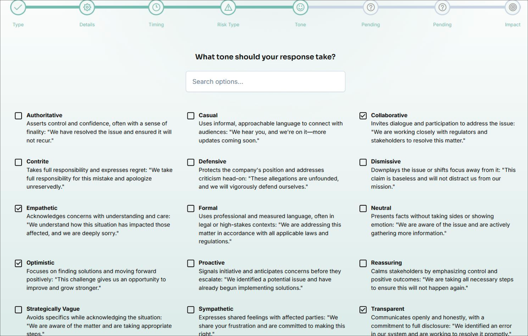 CrisisCalm lets users choose from tones like authoritative, contrite or empathetic to ensure the messaging it produces fits t