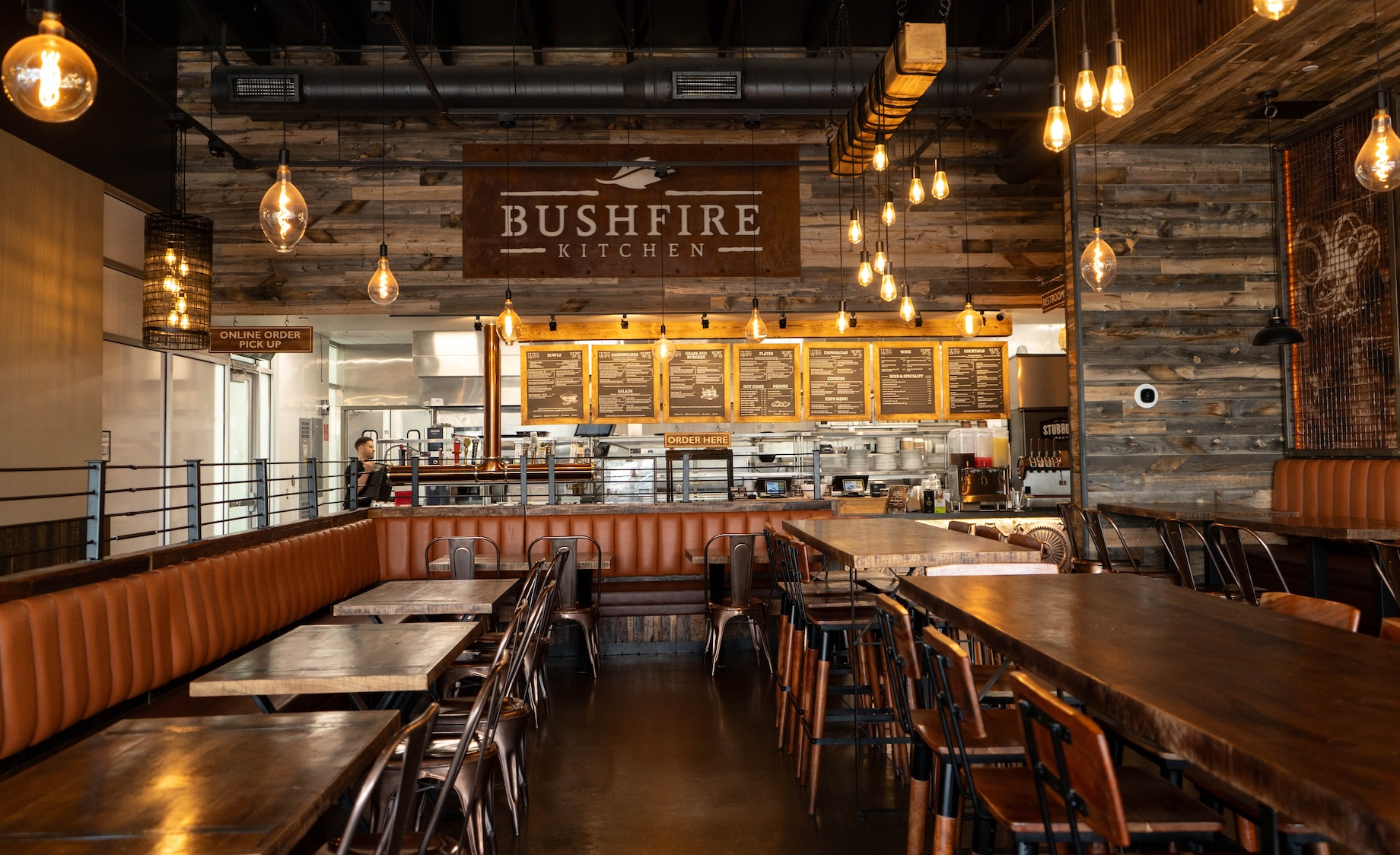 Bushfire Kitchen was designed to be a warm and inviting space where customers can sit and relax.