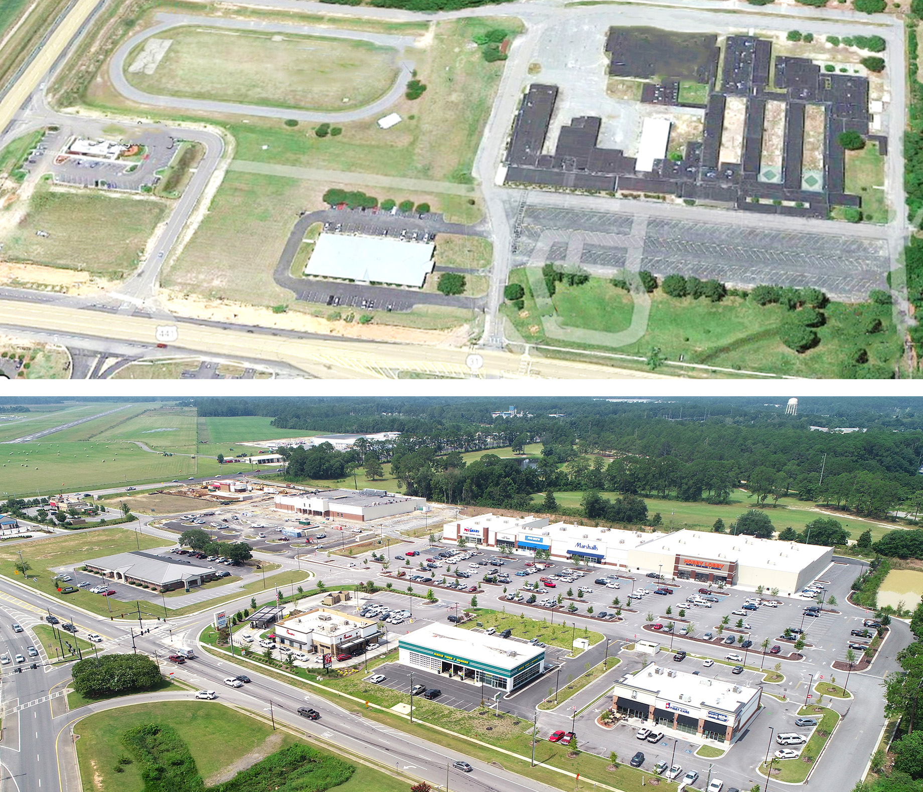 An aerial view of the former high school site in Douglas, Georgia, is shown at top, with the completed Douglas Square develop
