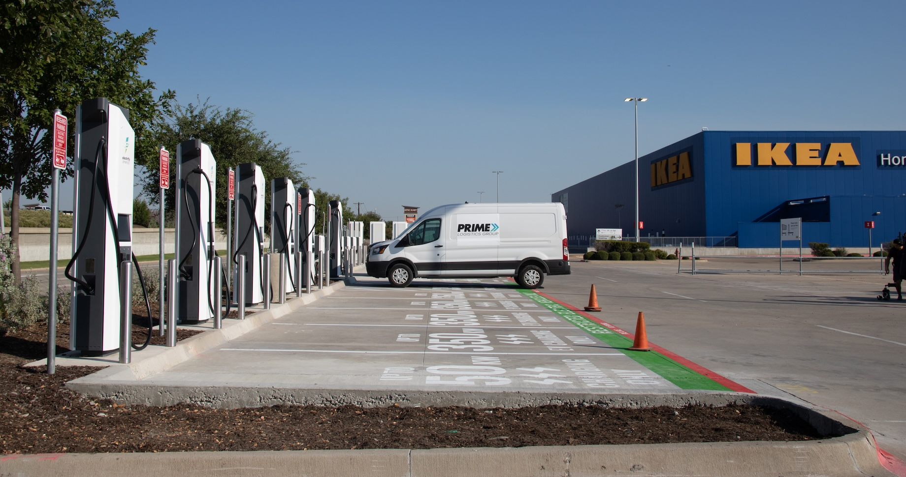 A row of electric vehicle chargers at an Ikea in Grand Prairie, Texas