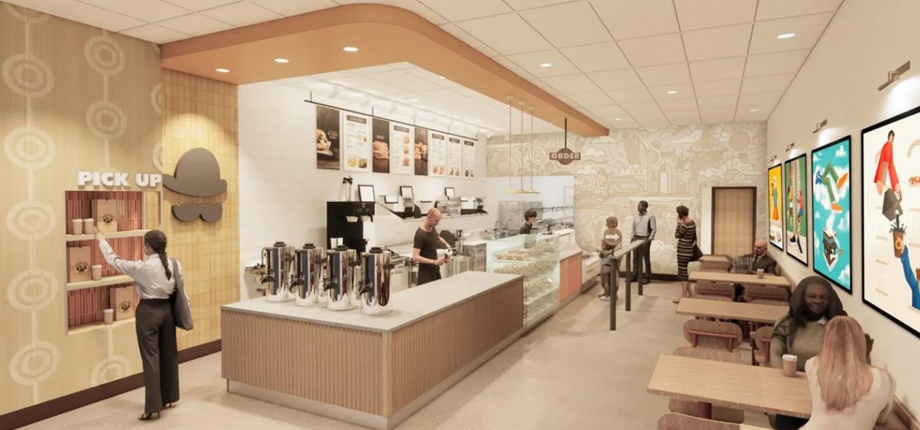 This preliminary rendering from 2025 hints at the new format for Einstein Bros. Bagels stores.