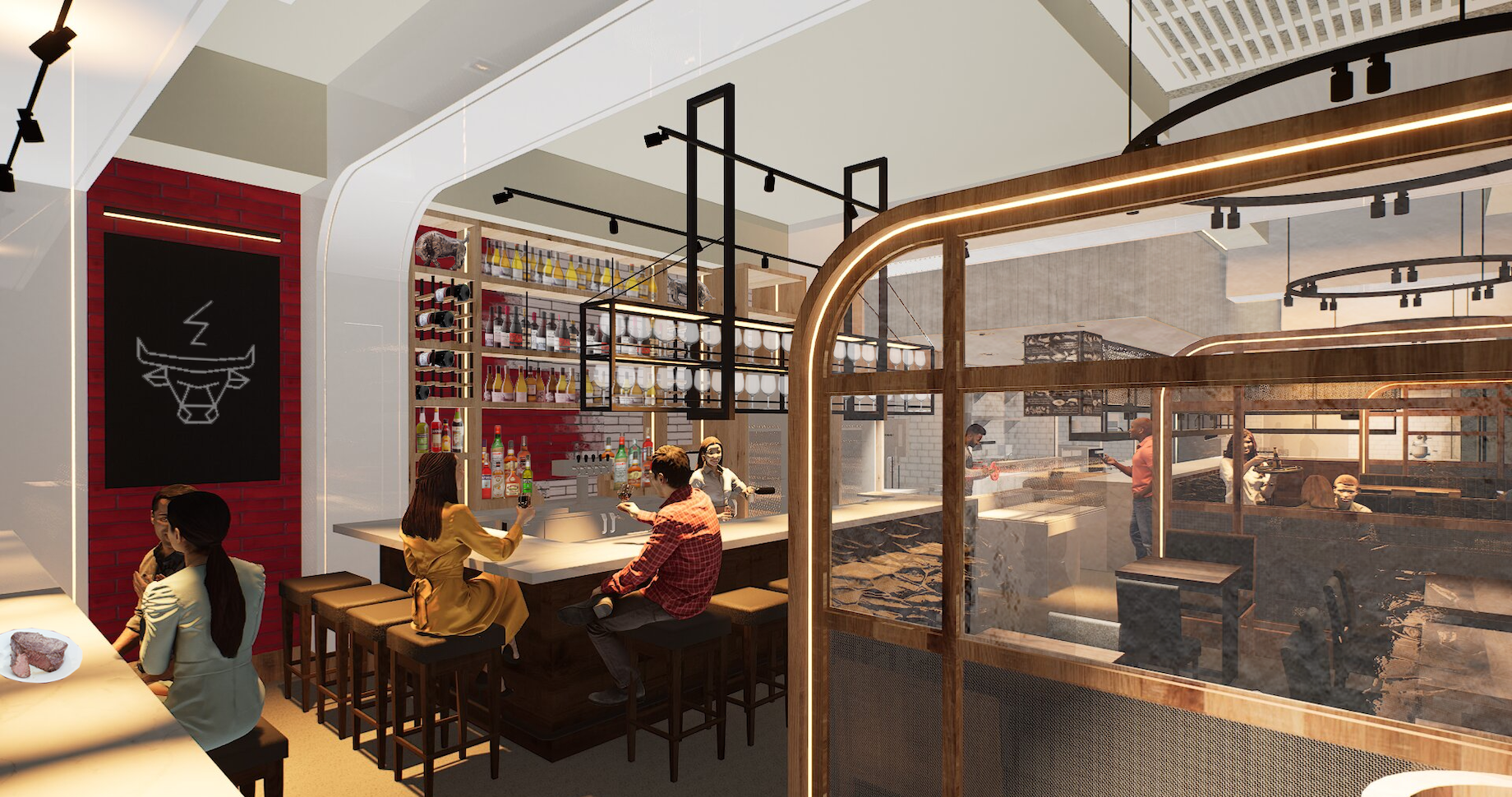 Rendering of Electric Bull, Albisu’s forthcoming butcher shop, cafe and steakhouse, is set to open in early 2026 in Virginia’