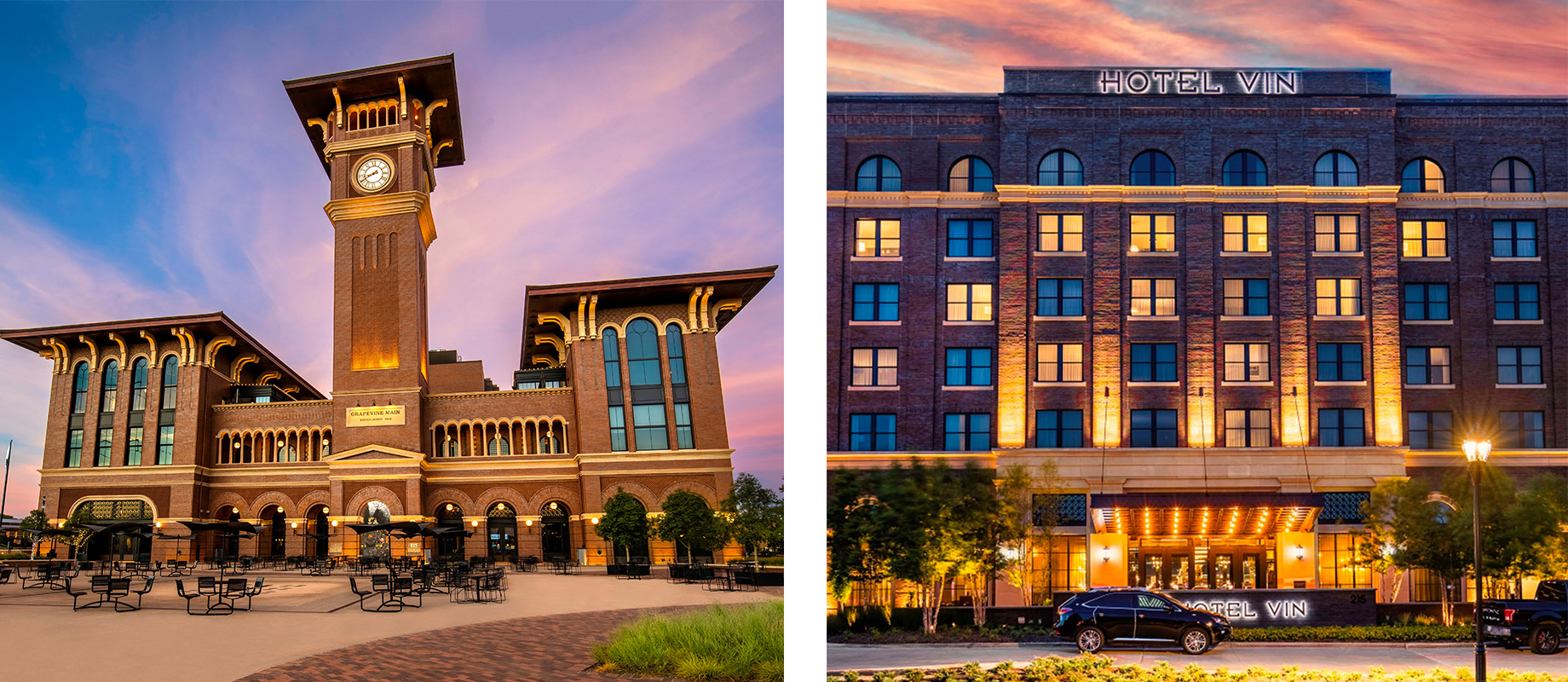 The Grapevine Main rail station, shown at right, anchors the transit-oriented development, while Hotel Vin, part of Marriott’