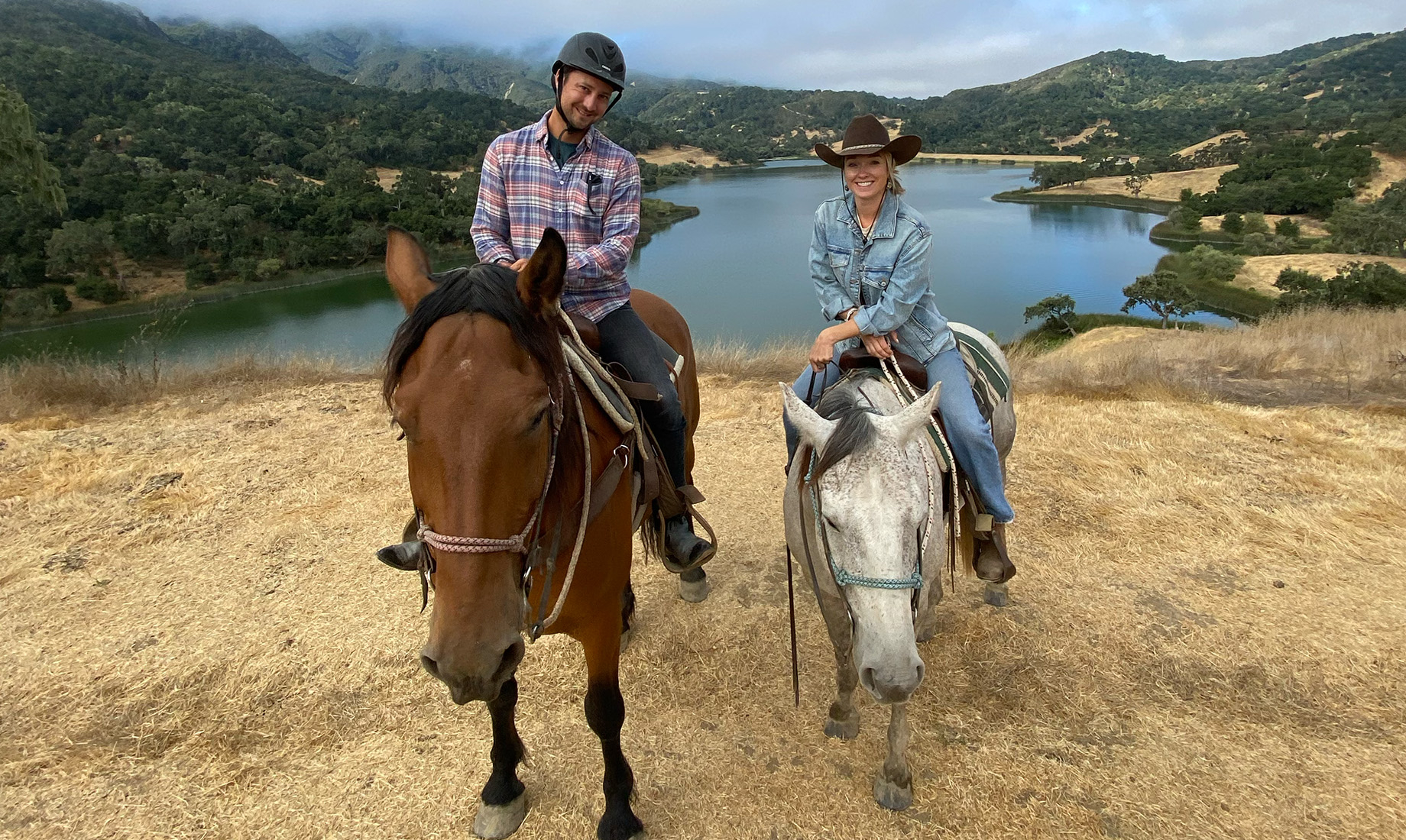 Hernandez and his wife, Shannon, on a backcountry horseback ride in Solvang, California. At home, the couple care for rescue 