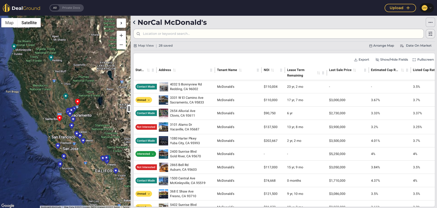 DealGround clients can search properties in various ways. This search for McDonald’s locations in Northern California filtere