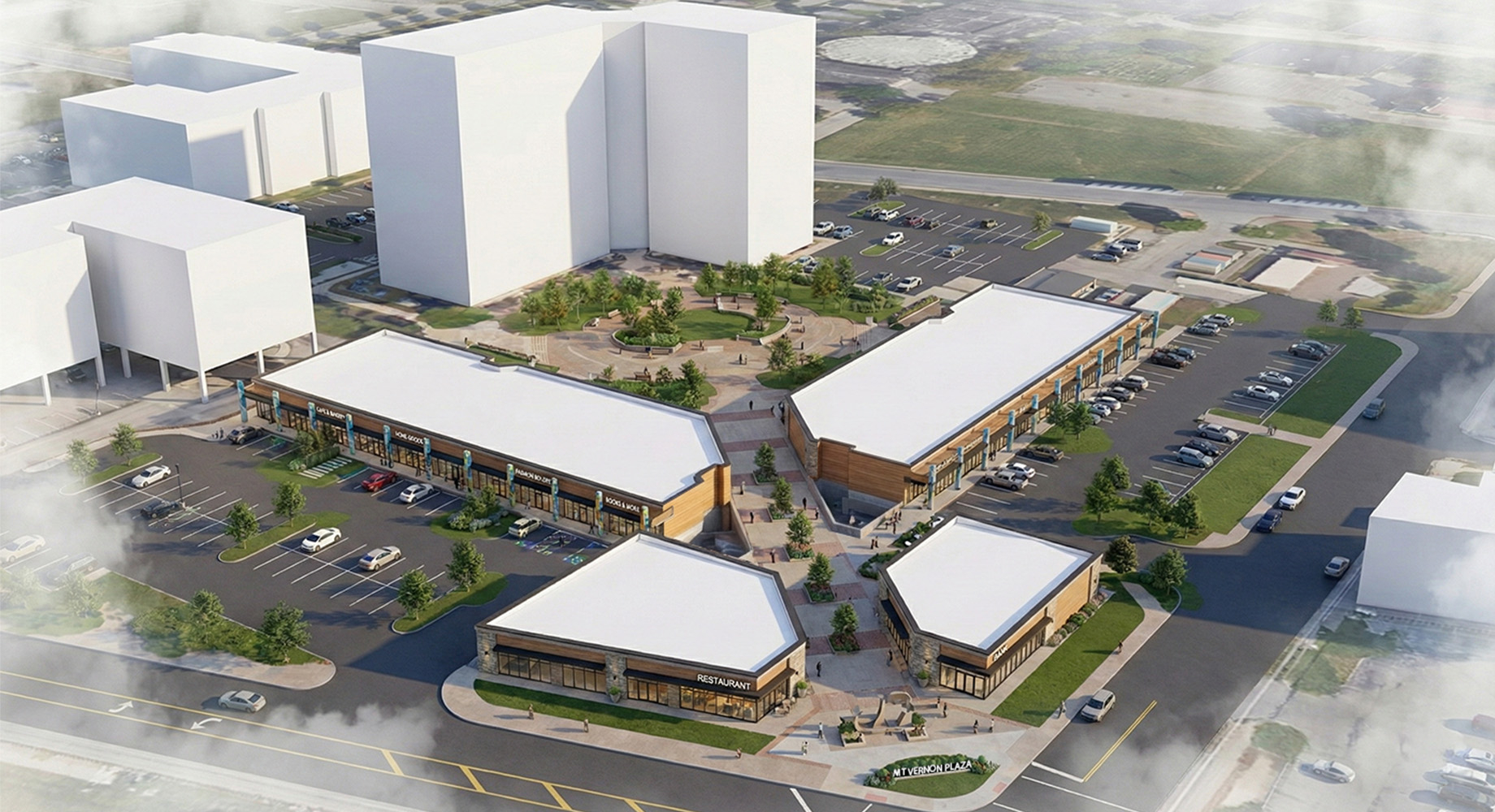 The planned redevelopment of Mount Vernon Plaza includes renovation of the existing buildings, the longer buildings above; th