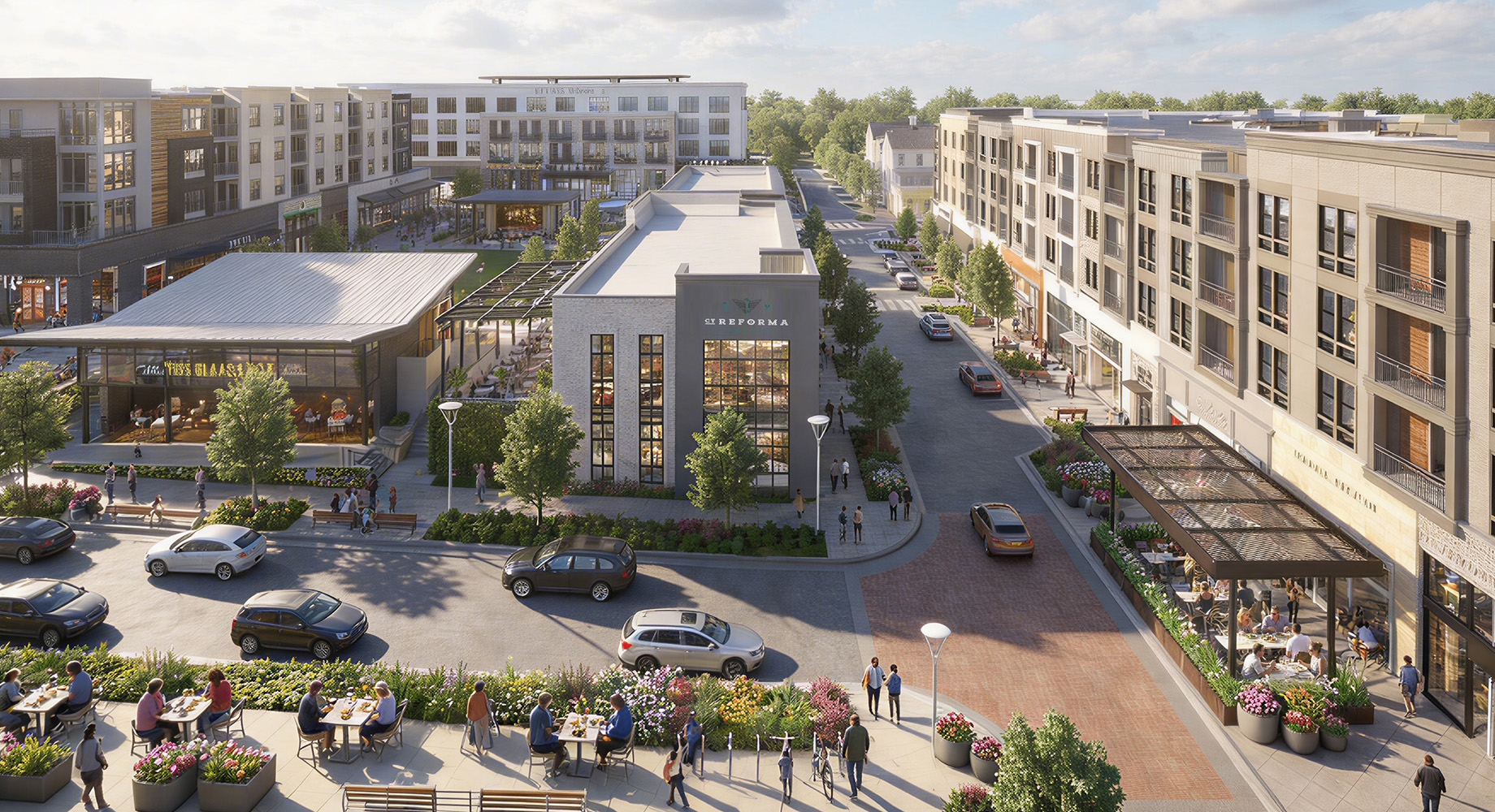 Medley is under construction in Johns Creek, Georgia. The central plaza and restaurant patios echo the European town squares 