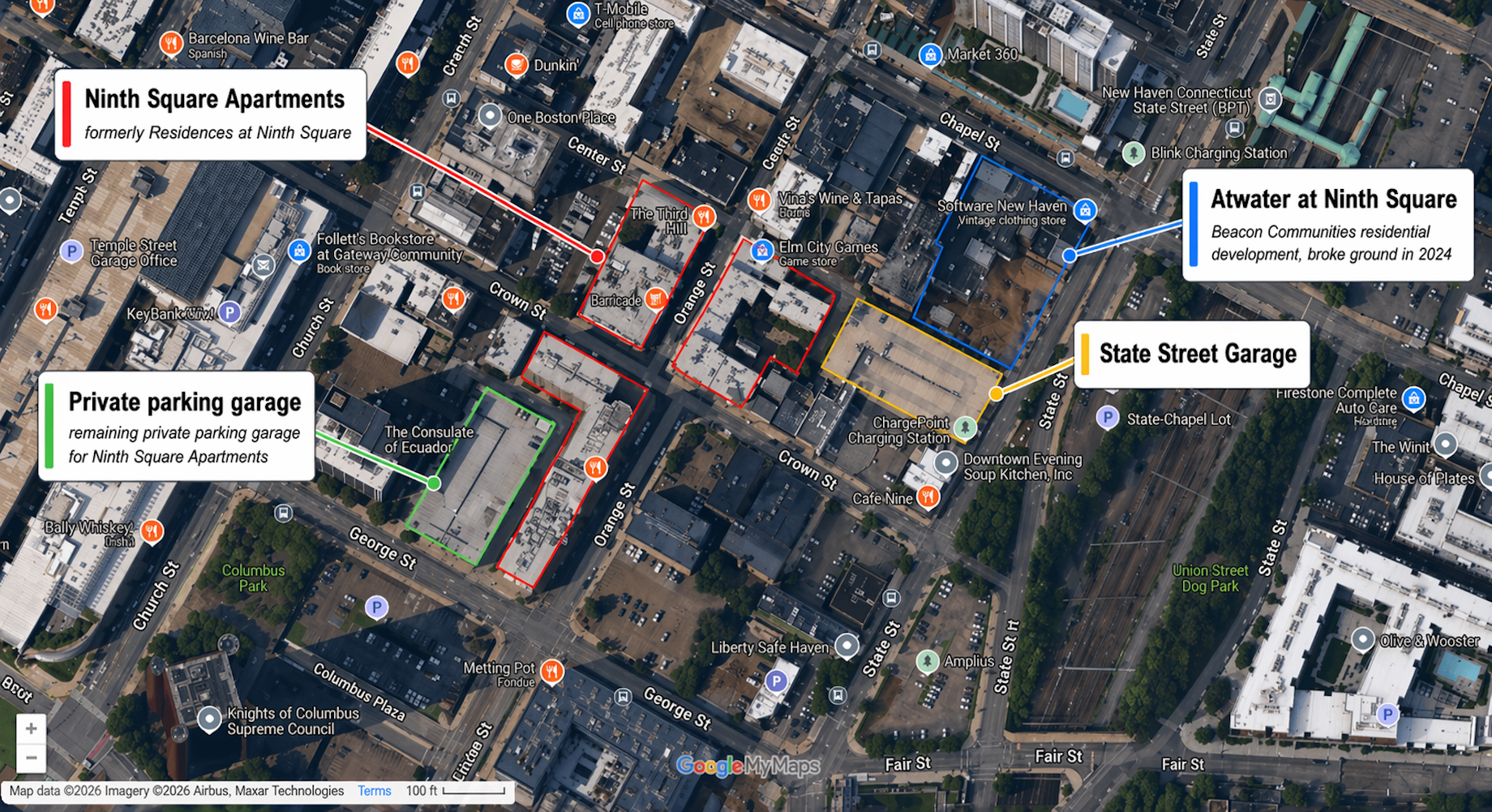 The map above shows State Street Garage in yellow; the Residences at Ninth Square, renamed Ninth Square Apartments, in red; N