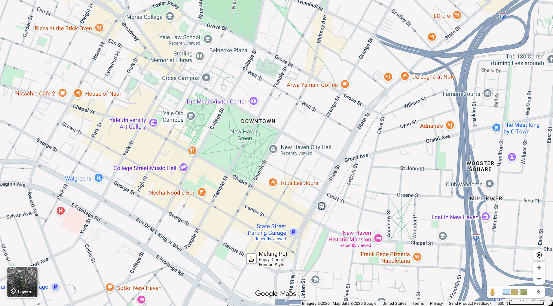 An early Puritan surveyor laid out New Haven, Connecticut, in a grid of nine squares. Urban-renewal promoters later started c