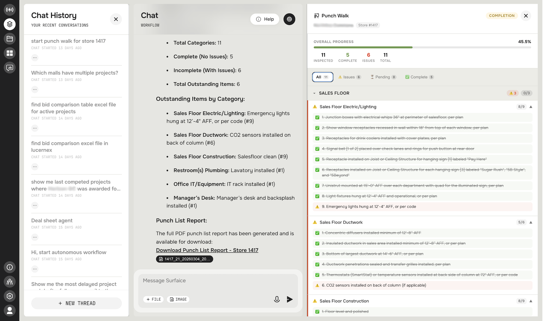 A user interface screenshot for AI-automated construction punch-list walkthroughs from Surfaice