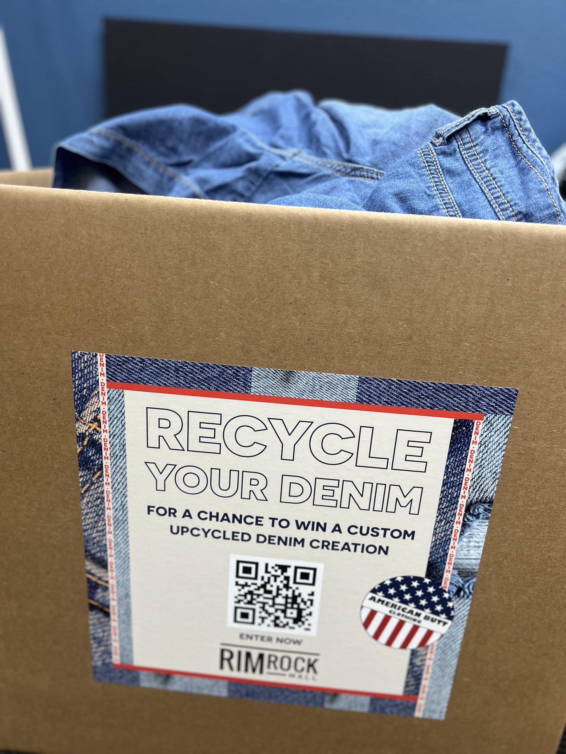 A denim donation box at Billings, Montana’s Rimrock Mall invited shoppers to “Donate Your Denim” for a chance to win a custom