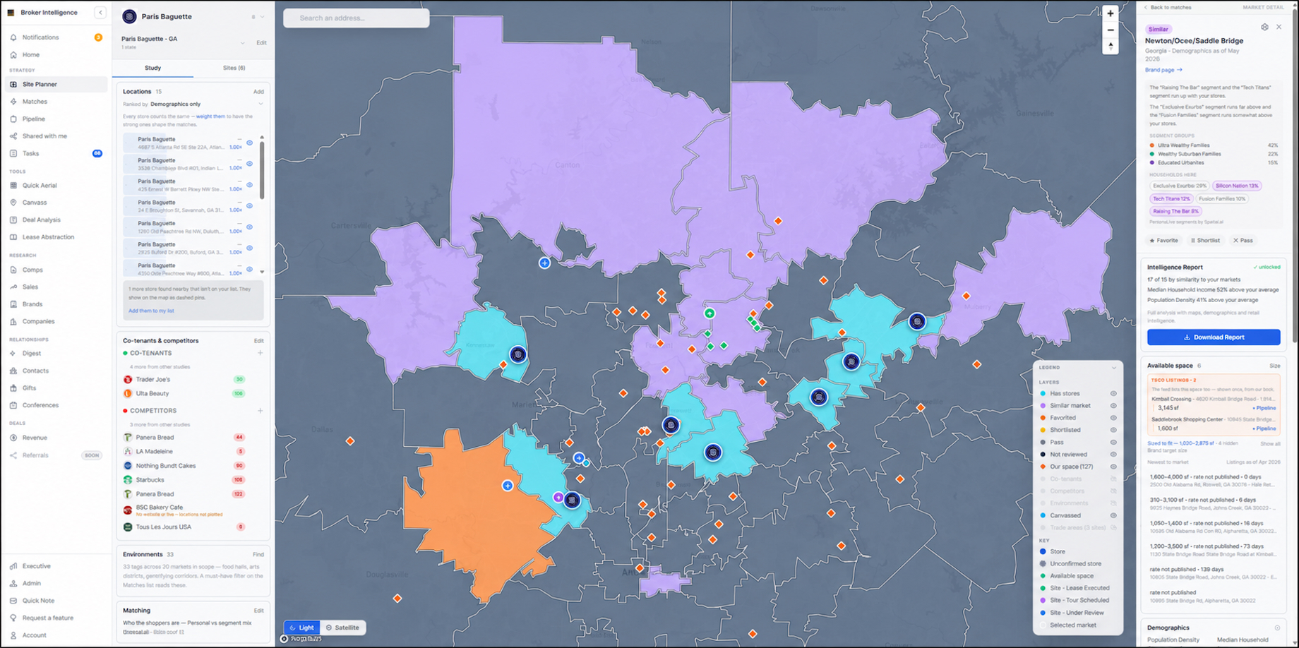 The site planner in TSCG’s AI-assisted Broker Intelligence platform identifies markets that are broadly similar to those of b