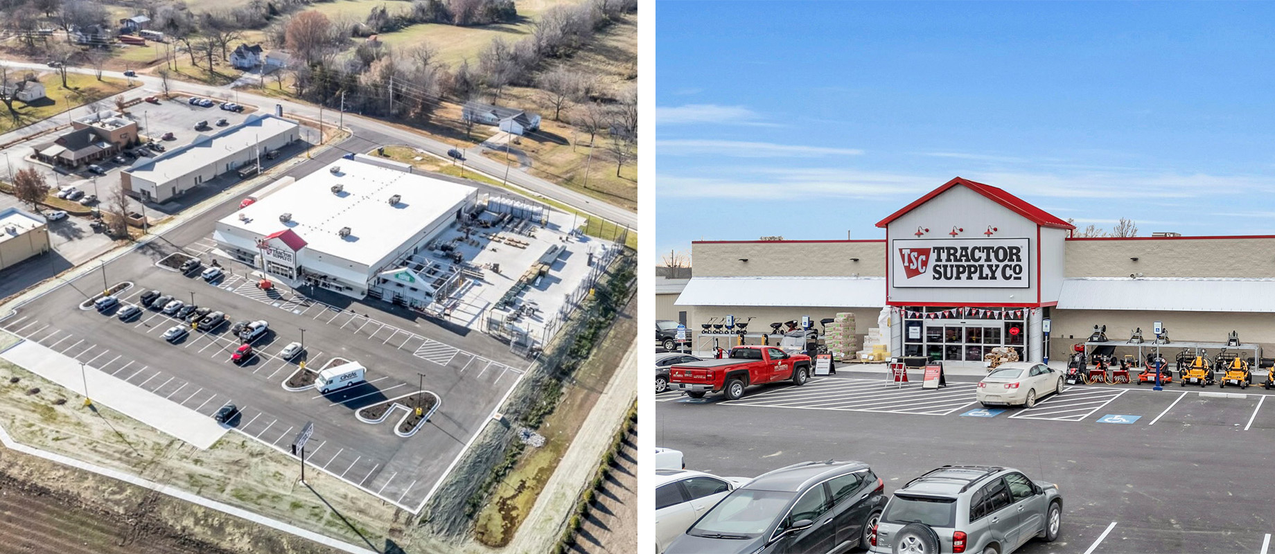 At left, an aerial view of the Tractor Supply Co. site along Warrensburg, Missouri’s Maguire Street corridor; at right, the c