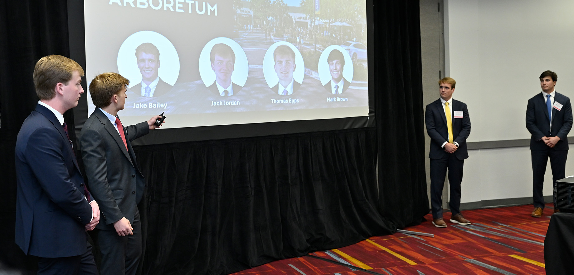 Wofford College’s first-place team presents during the final round of the 2026 UNC & ICSC Retail Real Estate Competition.