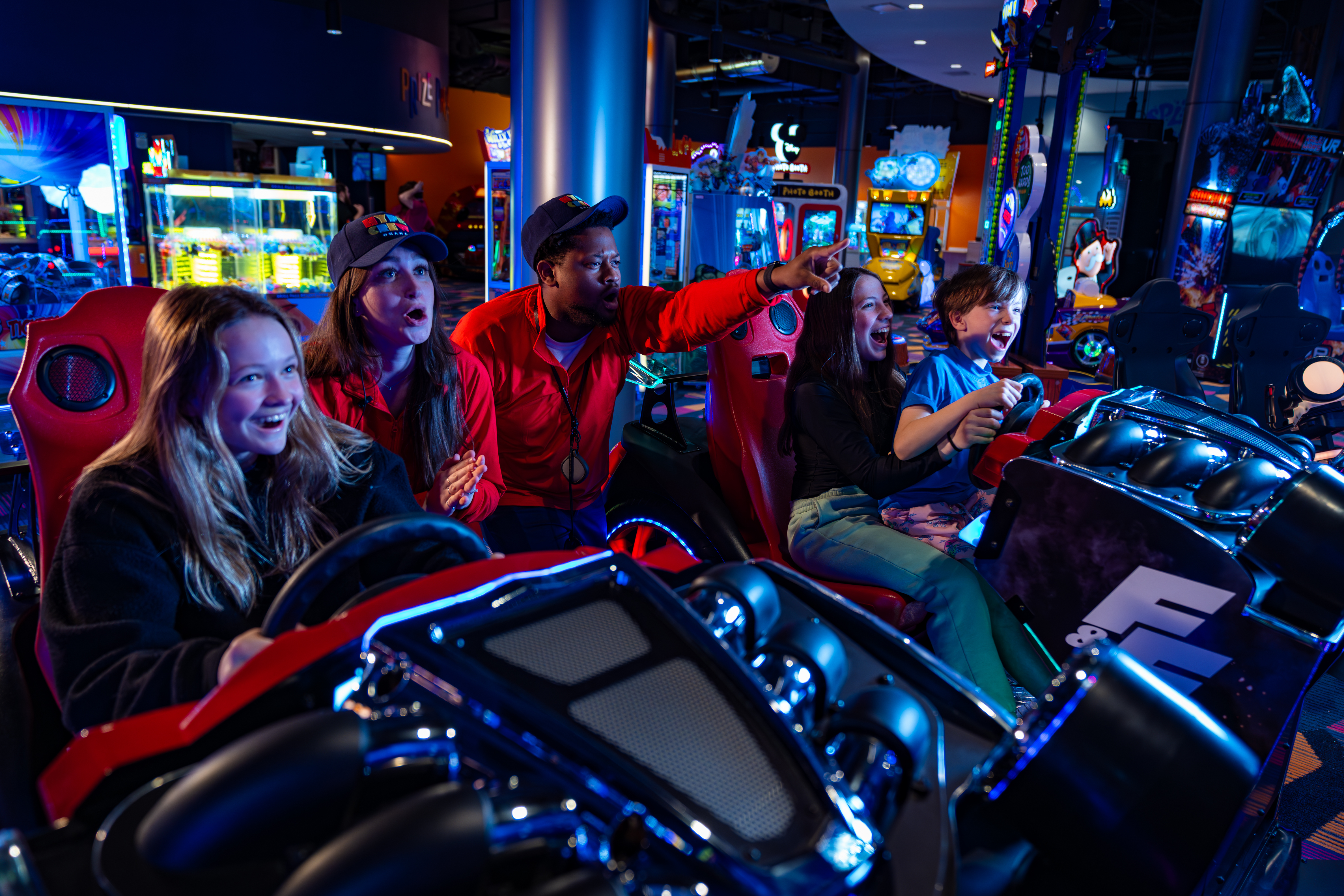 Okana’s game hall features 100 arcade games, laser tag, a mirror maze, escape rooms and sports simulators.