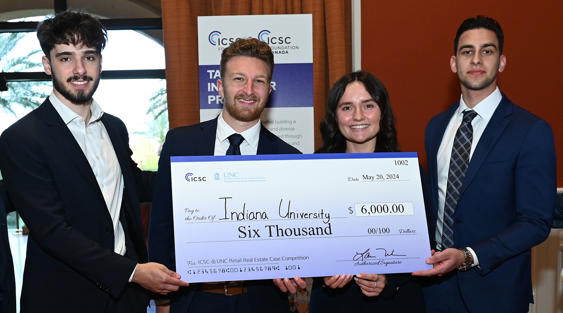 Second-place Indiana University Bloomington won $6,000. Pictured left to right are Alexander Dilkovski, Bryce Ott, Morgan Fan