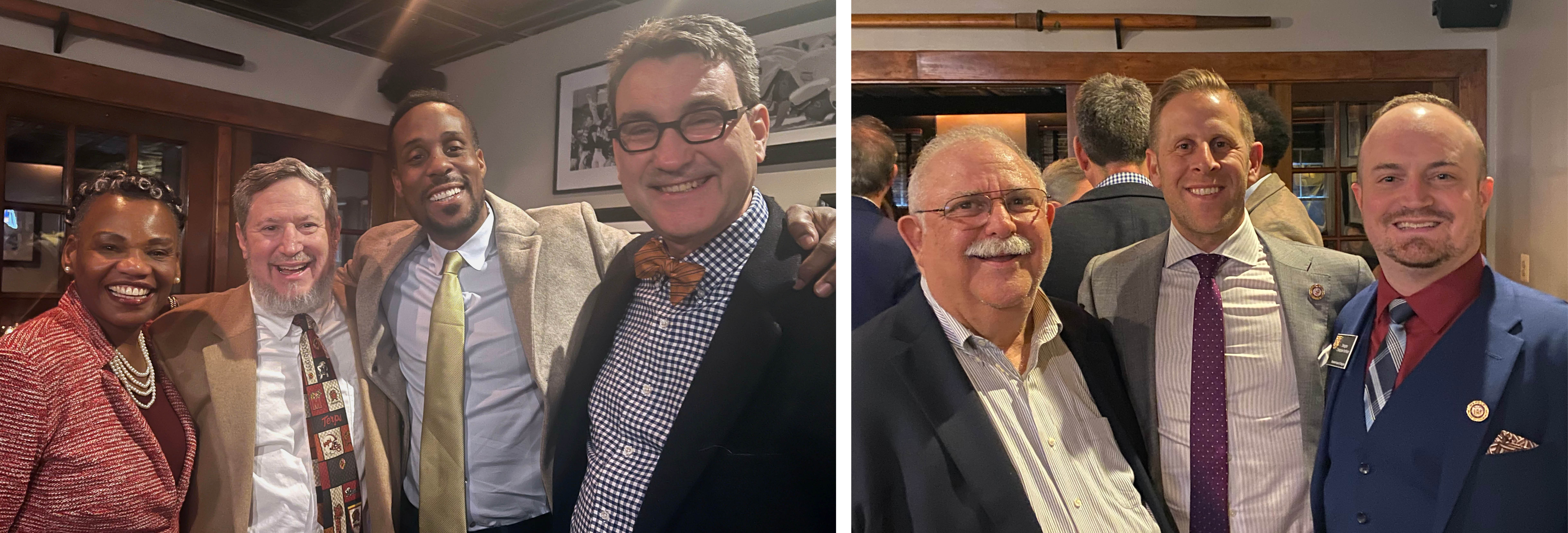 Left photo: Delegate Pam Queen (Montgomery County), Richard Solomon (Velocity Capital, LCC), Jason Miskiri (Society Lounge) a