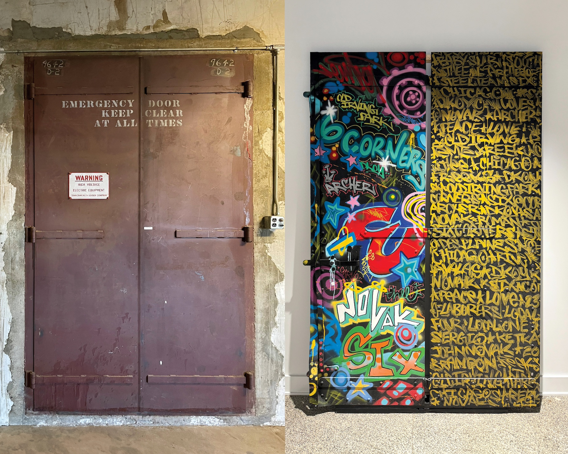 Before and after: The doors for a 1930s vault for electrical transformers at the top of the original Sears were transformed i