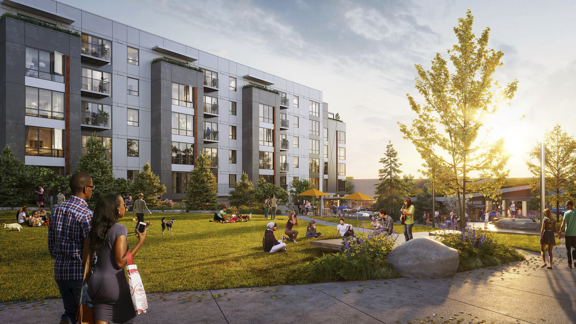 Green space will surround the multifamily at Crossroads Bellevue, and the food-and-beverage pavilion in the background will b