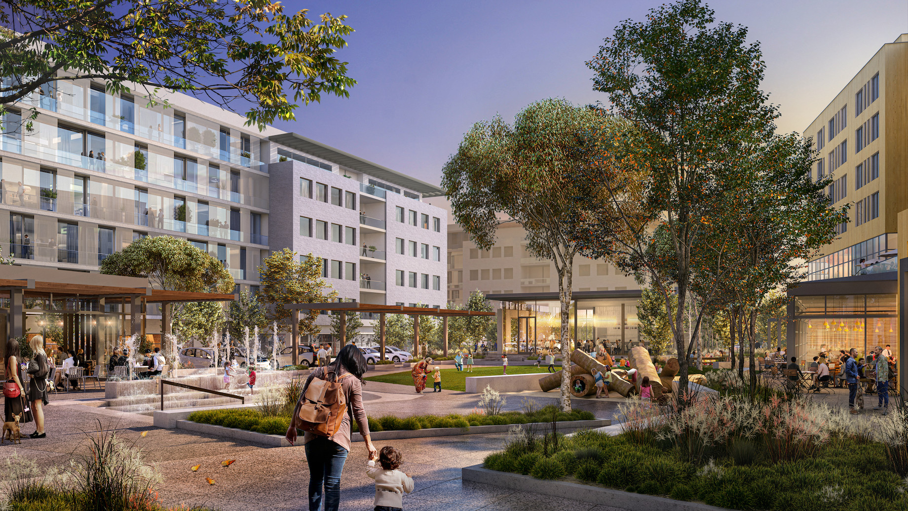 At Washington Square, cafes and restaurants will surround a park that will offer a sculptural play space, a water feature and