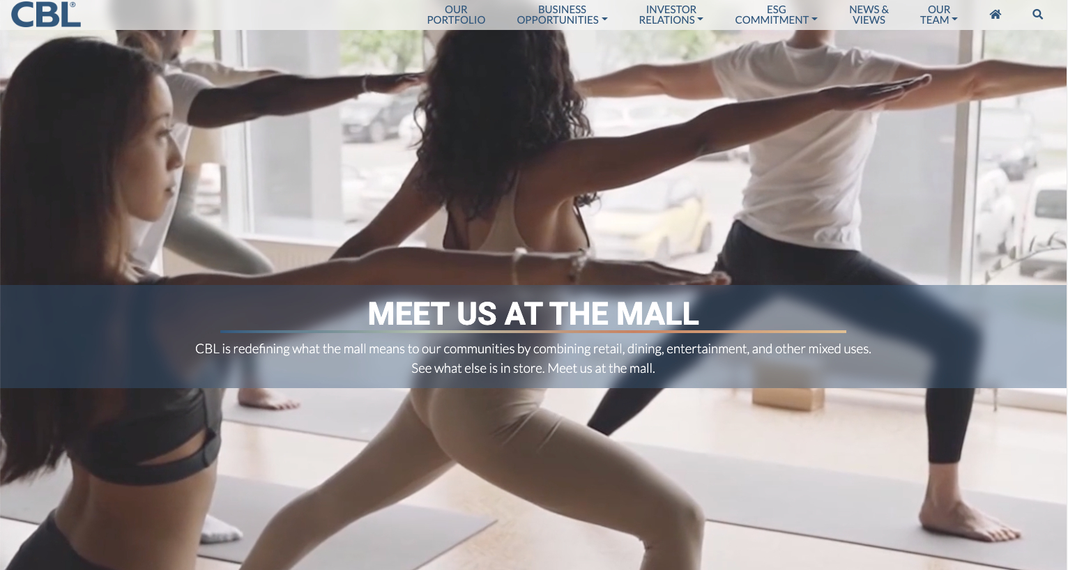 CBL’s website promotes the concept “Meet us at the mall” while showcasing activities from shopping to dining to yoga to bumpe