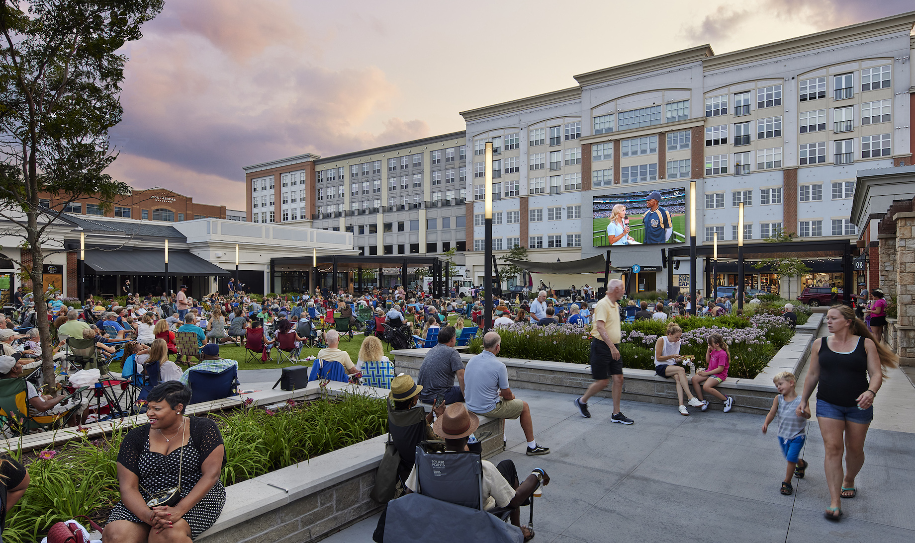 A gigantic media wall further activated the space. Bayshore uses it to show movies — recently, Home Alone 2 — as well as live